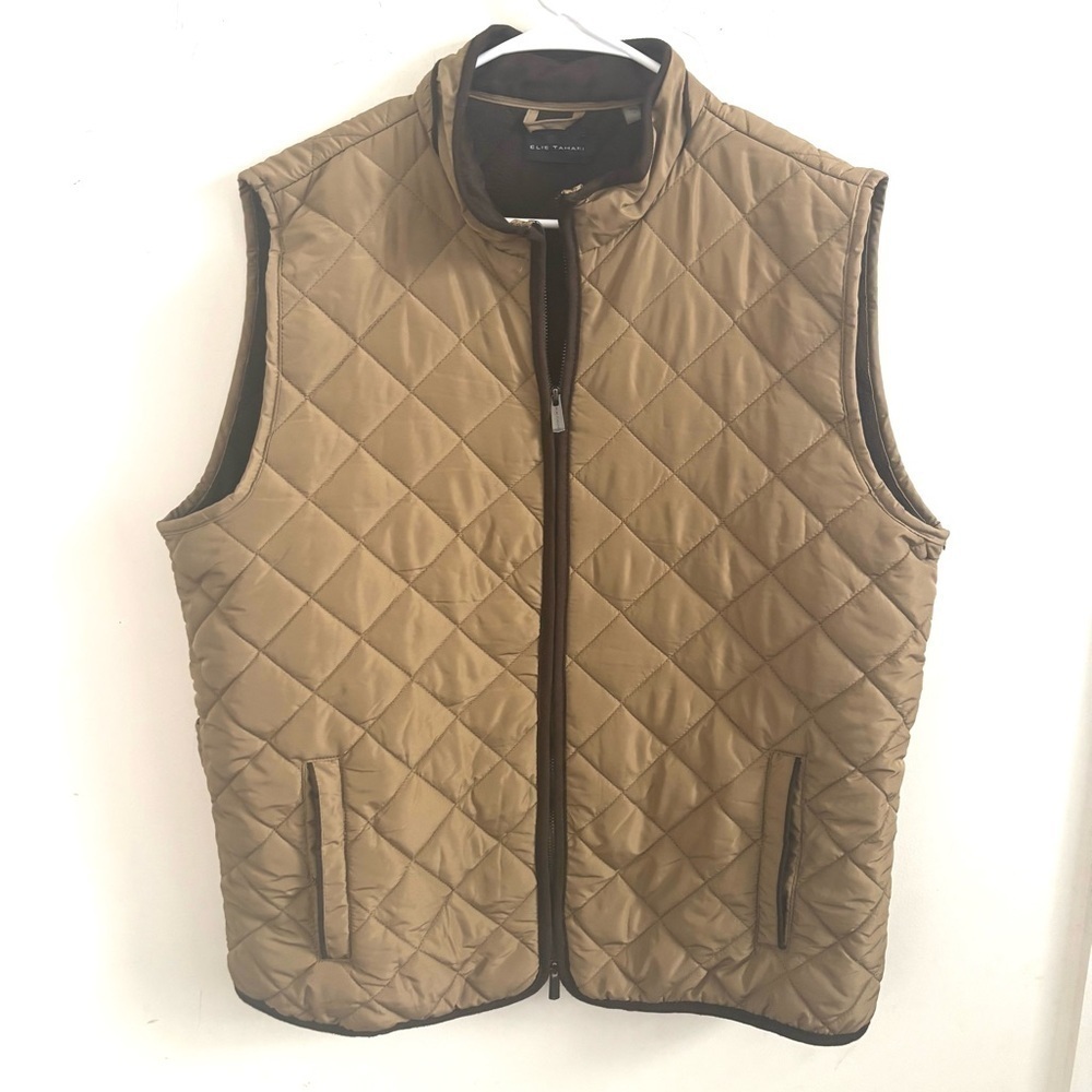 Elie Tahari Womens Quilted Vest XL Tan Zip Front XL Preppy Fall Layering Winter